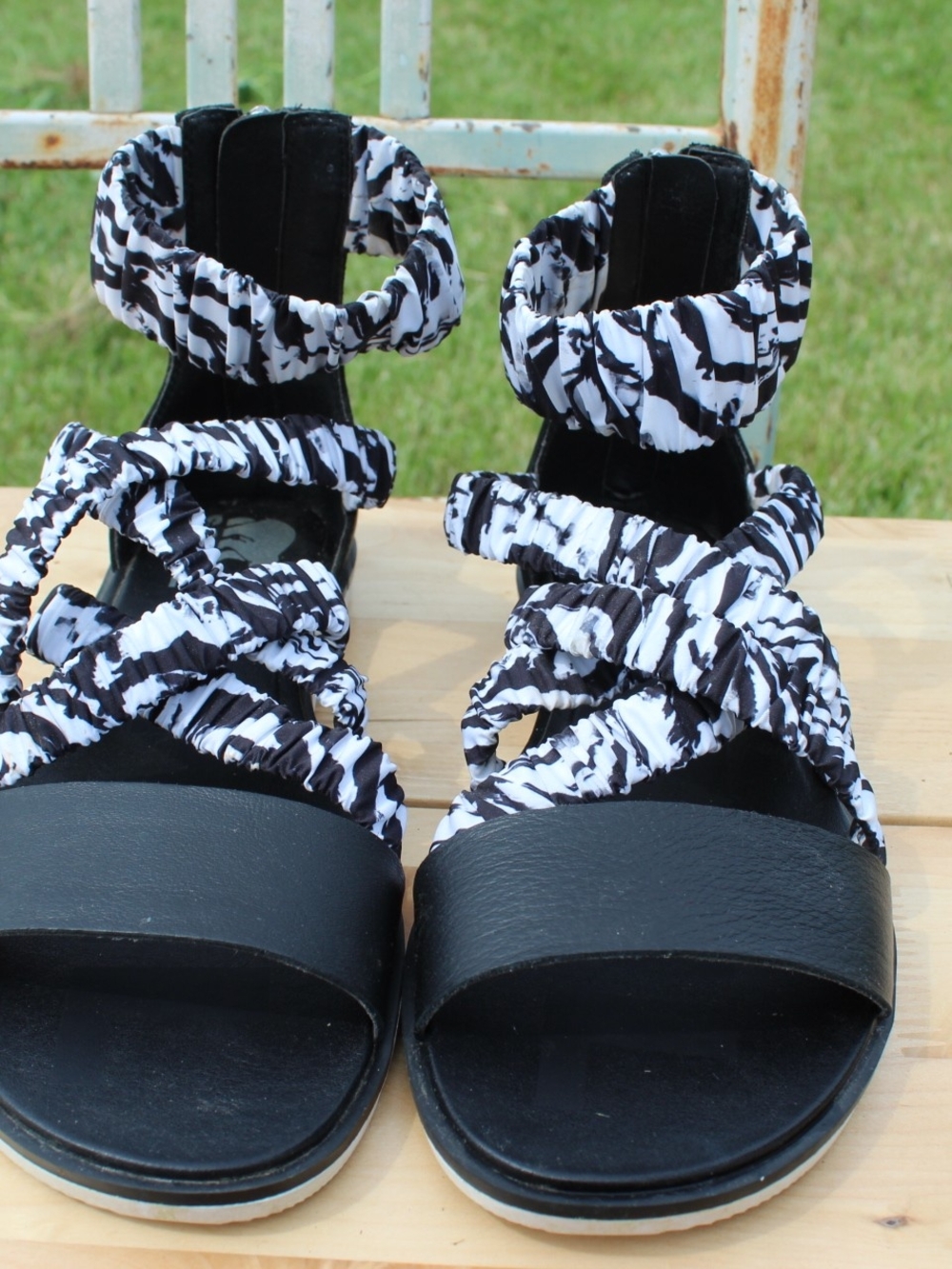Sorel Black Sandals with Black & White Ruched Straps